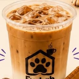 An iced latte in a FurLab Hoomans Café cup