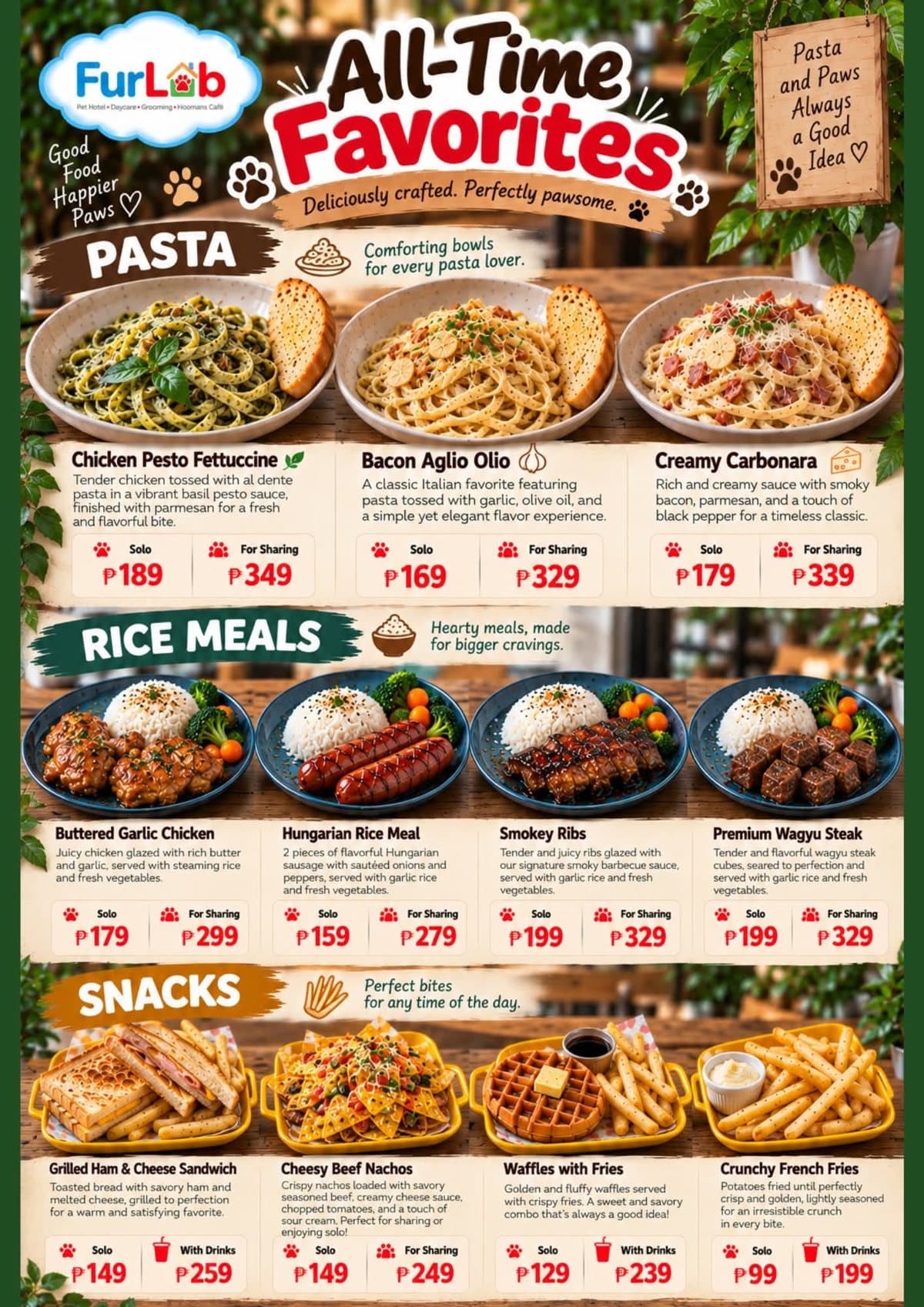 All-Time Favorites menu: pasta, rice meals and snacks with prices