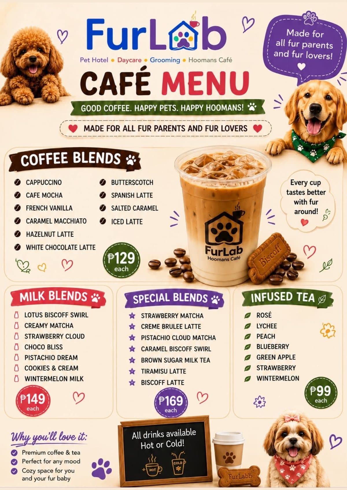 Café Menu: coffee blends ₱129, milk blends ₱149, special blends ₱169, infused tea ₱99