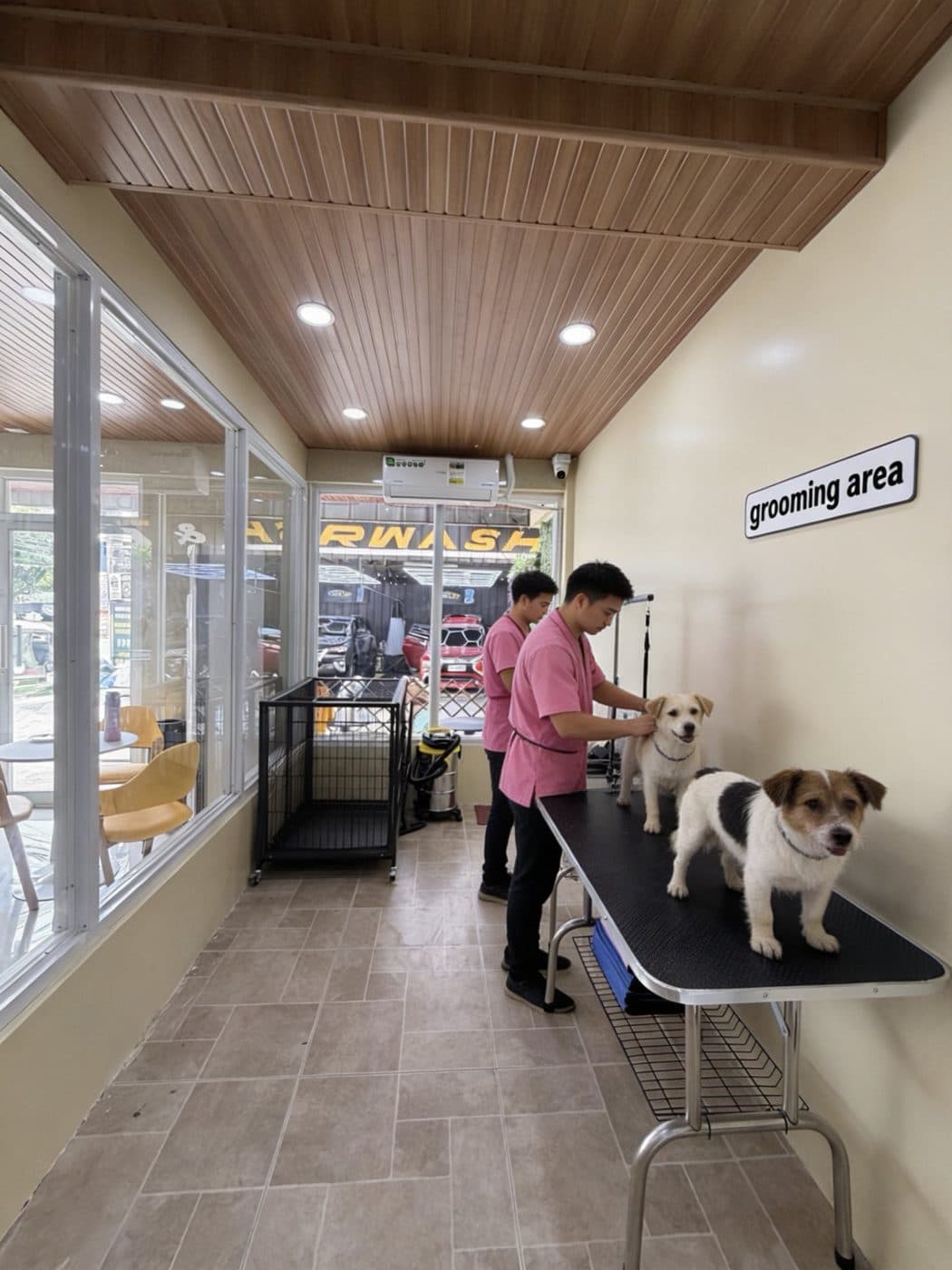 FurLab groomers trimming two dogs