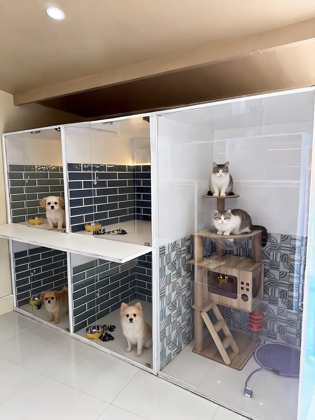 FurLab hotel rooms with dogs resting and a cat room with a cat tree