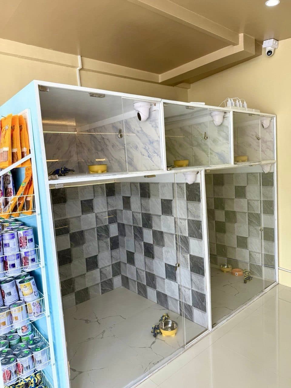 FurLab's tiled pet hotel rooms with glass fronts