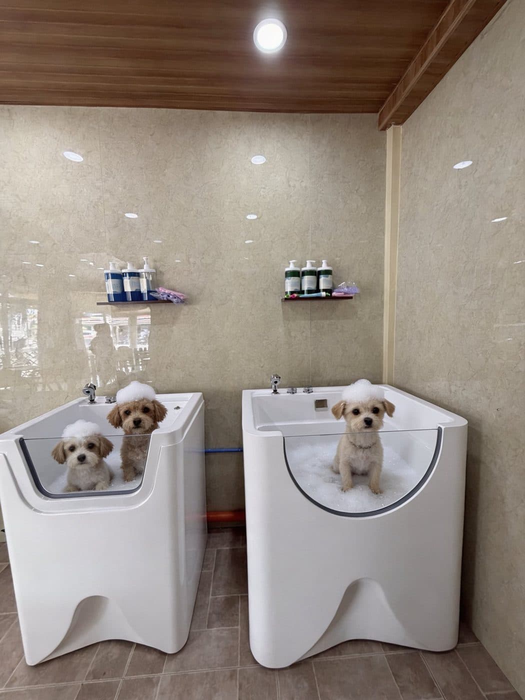 Two puppies covered in bubbles in FurLab's spa tubs